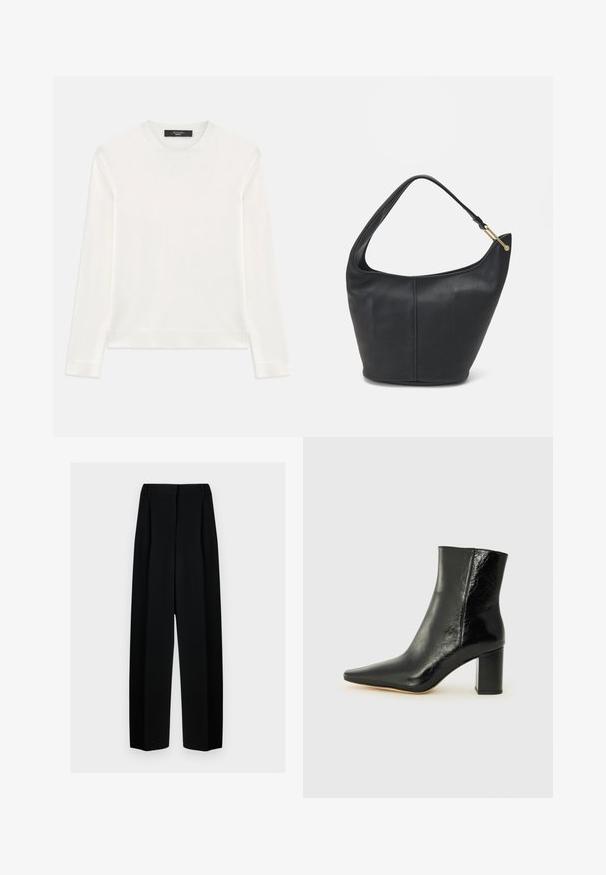 Suéter blanco de manga larga hecho de una suave tela de punto. Presenta un escote redondo, puños y dobladillo acanalados. Diseño sin costuras y sin patrones.; Pantalones de pierna ancha negros con cintura alta, que presentan pliegues y una textura suave. El tejido parece ligero y se drapea de forma elegante.; Botín negro hasta el tobillo fabricado en cuero brillante con punta afilada y tacón cuadrado y grueso. Presenta una textura suave y un diseño minimalista.; Bolso de cuero negro con forma redondeada, un strap ancho y un acabado texturizado. Presenta un sutil detalle de costura y un acento de hardware en tono dorado.