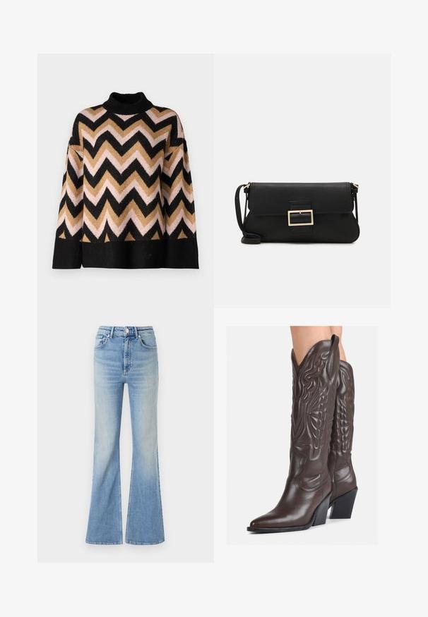 Knitted sweater featuring a high neck and zigzag pattern in black, gold, pink, and brown. Wide sleeves and a chunky ribbed hem.; Light blue flared jeans made of denim, featuring a high waist, five-pocket design, and subtle gradient fading towards the hem.; Brown leather cowboy boots with pointed toe and block heel, featuring detailed stitching and raised accents on the shaft.; Black leather clutch bag with a flap and a gold metal buckle detail. Includes a black strap and a sleek, minimalist design.; Silver hoop earrings with a twisted design, featuring a polished finish and post-back closure. Measure approximately 3 cm in diameter.