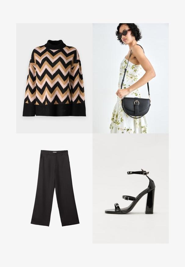 Pletený sveter s vysokým golierom a vzorom v zigzag v čiernej, zlatej, ružovej a hnedej farbe. Široké rukávy a robustný rebrovaný lem.; Čierne široké nohavice vyrobené z hladkej tkaniny, so zipsom vpredu a dvoma bočnými vreckami, s prispôsobeným strihom a minimalistickým dizajnom.; Čierne lakované sandále na podpätku so štvorcovou špičkou, navlečenými remienkami okolo členku a striebornými prackami. Disponujú masívnym blokovým podpätkom pre stabilitu.; Čierna kožená kabelka s zaobleným tvarom, odnímateľným popruhom a zlatými doplnkami. Kabelka má klopu s detailom s prackou.