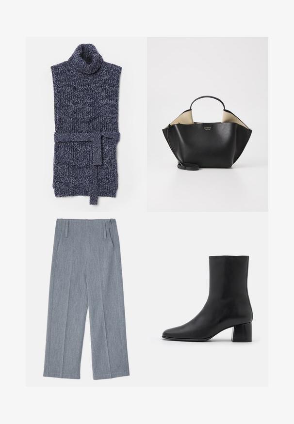 Tamsiai mėlynas megztas golfo liemenė su storu tekstūru. Itin patogus, turi juosmens raištį ir briaunuotą raštą. Atviros rankovės ir jaukus stilius.; Šviesiai pilkos, plačios kojų kelnės, pagamintos iš tekstūruoto audinio, su dviem priekinėmis klostėmis ir dviem šoninėmis kišenėmis. Tvarkingas, tikslais pritaikytas dizainas.; Juodas odinis kulkšninis botas su smailiu pirštu ir masyviu kvadratiniu kulnu. Lygus paviršius be siūlių ir minimalizmu išsiskiriantis dizainas.; Ree Projects ANN TOTE MINI - Rankinė - black