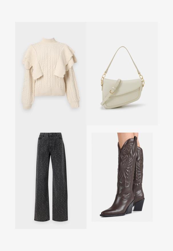 YAS YASFLOUNCY  - Džemperis - birch; Noisy May NMJANNEL LOOSE - Brīva piegriezuma džinsi - black denim; Brūni ādas kovboju zābaki ar norādītu purngalu un blokveida papēdi, ar detalizētu šūšanu un paceltiem akcentiem uz kājas daļas.; Maza krēmkrāsas rokas soma ar teksturētu apdari, garu regulējamu siksniņu, ķēdes akcentu un vāciņa aizdari. Zelta aparatūras detaļas.; Sudraba gredzenveida auskari ar minimālistisku dizainu. Cirkulāra forma, gluda tekstūra un plāns profils. Vieglu svaru ar spīdīgu apdari.
