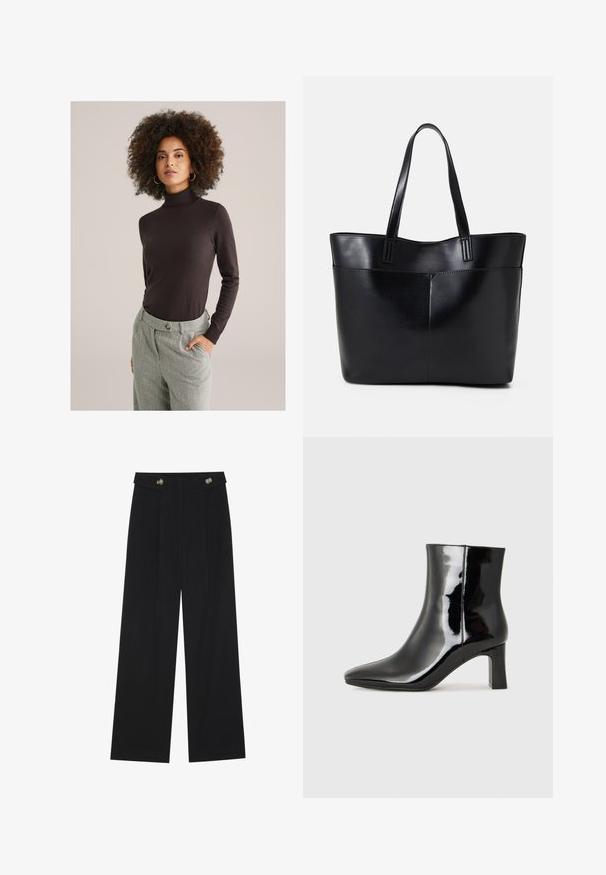 Moteris su garbanotais plaukais, vilkinti juodą golfą ir aukštai paremtus pilkus kelnes, stovi su viena ranka kišenėje šviesiame fone.; Juodi plačios kojos kelnės su aukštu liemeniu, sagų detalėmis ant liemens ir priekinėmis raukšlėmis.; Juodos lakuotos odinės aulinukės su smailiu pirštu ir vidutinio aukščio blokuotu kulnu. Lygus paviršius ir minimalistinis dizainas.; Juoda odinė rankinė su dviem ilgais diržais, lygiu paviršiumi ir struktūrizuota forma. Yra priekinė kišenė papildomam saugojimui.