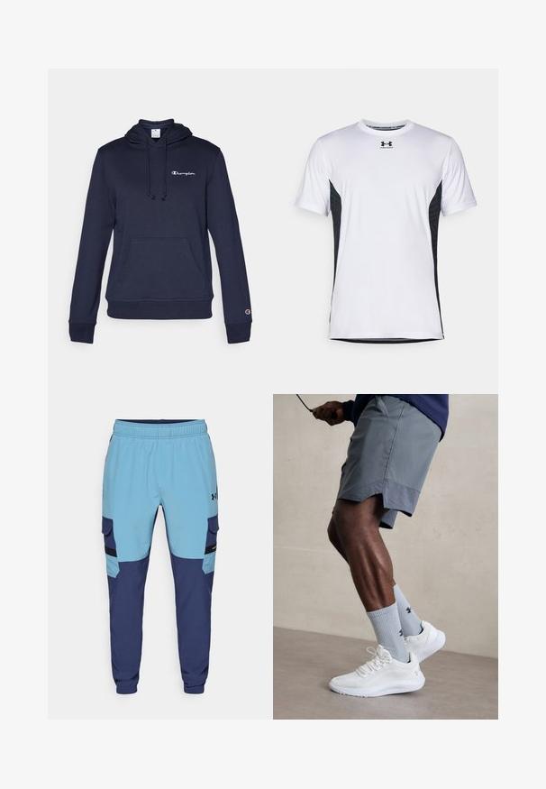 Jūras spēku pelēks džemperis ar priekšējo kabatu, regulējamu kapuci un diskrētu izšūtu logotipu. Mīksta auduma, ar ribotiem piedurknēm un apakšmalu.; Under Armour CHALLENGER PRO SS - Sporta krekli - white/black; Zili un tumši zili sporta bikses ar elastīgu jostu, sānu kabatām un cargo stila akcentiem. Izgatavotas no mīksta, elpojoša auduma.; Baltas sporta apavu pāris ar strukturētu acs virsu, apvienots ar gaiši zilo riboto zeķu pāri, kurā ir zīmols. Pelēki sporta šorti ar perforētu apdari.