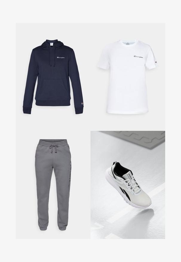 Granatowy hoodie z kieszenią z przodu, kapturem na sznurki i subtelnym haftowanym logo. Miękka tkanina z prążkowanymi mankietami i dołem.; Biała bawełniana koszulka z okrągłym dekoltem, krótkimi rękawami oraz czarnym haftowanym logo "Champion" na piersi i akcentem na rękawie.; Champion - Spodnie treningowe; Jasnoszary but sportowy z czarnymi akcentami, teksturowana siateczkowa cholewka, amortyzowana podeszwa i sznurowane zapięcie. Posiada pętelkę na pięcie.
