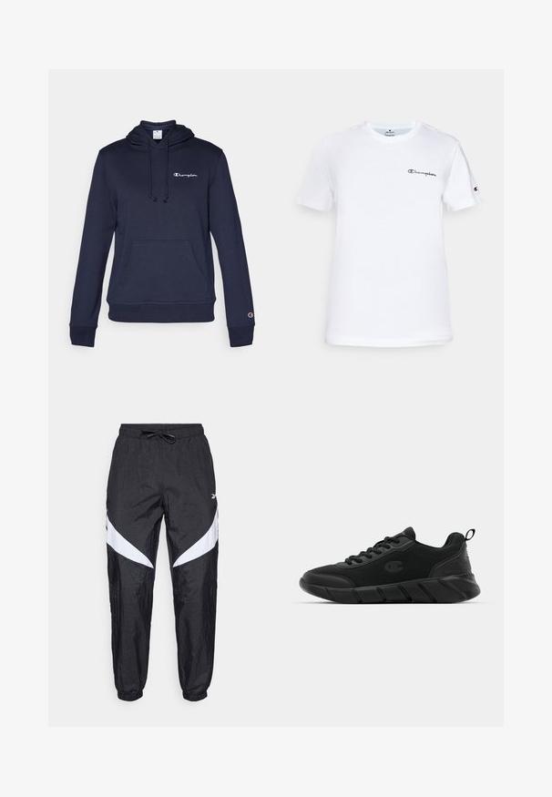 Marinblå hoodie med en framficka, dragsko i huvan och diskret broderad logotyp. Mjukt tyg med ribbade ärmslut och nederkant.; Vit bomull t-shirt med rundad halsringning, korta ärmar och en svart broderad "Champion"-logotyp på bröstet och som accent på ärmen.; Svarta träningsbyxor i texturerat tyg med dragsko i midjan, med vita diagonala accenter på sidorna och elastiska muddar.; Svarta atletiska sneakers med nätöverkonstruktion, förstärkt tå, texturerad mellansula och bakre dragflik för enkel påtagning. Logotyp visas på sidan.