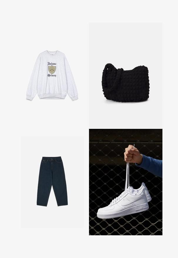 Sudadera gris con cuello redondo, mangas largas y puños acanalados. Presenta un gráfico de un escudo con las palabras "Infame Grimey" en negro y dorado.; Vaqueros oscuros de talle alto con un ajuste relajado, con cinco bolsillos y cierre de botón. Confeccionados en denim de textura suave.; Zapatillas de cuero blanco con perforaciones, punta redonda, suela plana y cordones gruesos, con un logo de swoosh visible y "AIR" en el talón.; Bolsa de tela negra con un patrón texturizado y acolchado. Forma redondeada, asas cortas y gruesas, y una estructura blanda y flexible.