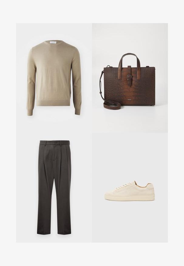Tiger of Sweden CONNOR - Trui - vintage beige; Donkergrijze broeken van een textuurstof, met een vlakke voorkant, plooien, rechte pijpen en riemlussen. Geen zichtbare hardware of patronen.; Beige suède sneaker met een low-top ontwerp, ronde neus, platte veters en een gestructureerde rubberen zool. Minimalistische stijl zonder zichtbare logo's.; Bruine handtas van krokodillenleer met reliëf, voorzien van bovenhandgrepen en een afneembare schouderband. Bevat een gespsluiting en heeft een rechthoekige vorm.