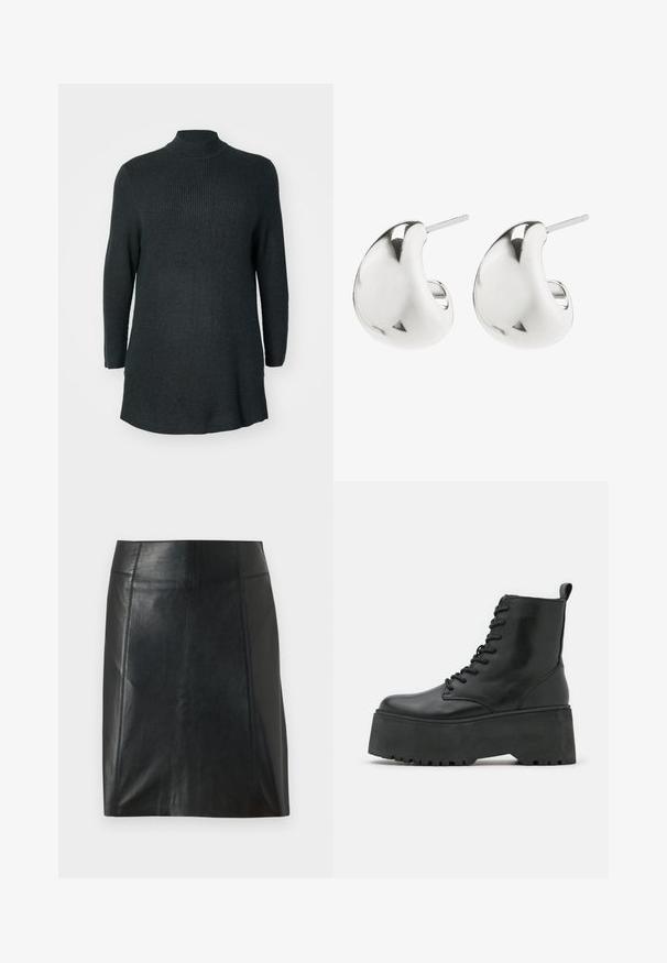 Tumši zaļš ribots adījums ar garām rokām un augstu apkakli, plānas pieguļoša piegriezuma. Iespaidīgs taisns apakšmales galu un sānu spraugas.; Melnas ādas svārki ar pieguļošu dizainu. Gluda tekstūra, šuves izceļ formu un taisna apakšmalu. Minimālistiska un eleganta izskata.; Melni potītes zābaki ar masīvu platformu, izgatavoti no gludas ādas, ar šņorēšanas dizainu un cilpu aizmugurē.; Sudraba auskari ar gludu, izliekta dizaina. Tie ir ar pulētu apdari un ir aprīkoti ar aizdari, kas nodrošina drošu valkāšanu.