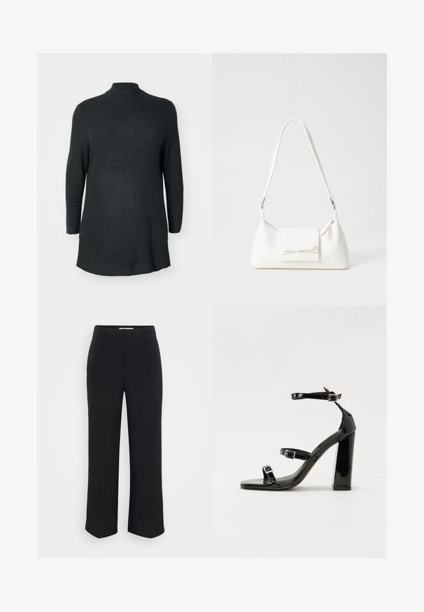 Túnica de malha canelada em verde escuro, de manga longa, com um decote alto e um ajuste descontraído. Apresenta uma bainha reta e fendas laterais na parte inferior.; Calças largas pretas com uma textura suave, apresentando uma cintura plana e bolsos laterais, desenhadas com uma estética minimalista.; Sandálias de tacão preto laqueadas com bico quadrado, tiras para o tornozelo e fivelas prateadas. Apresentam um salto bloco chunky para estabilidade.; Mala sintética branca com formato triangular, aba frontal plana e detalhe de laço, alça ajustável, textura suave e design minimalista.