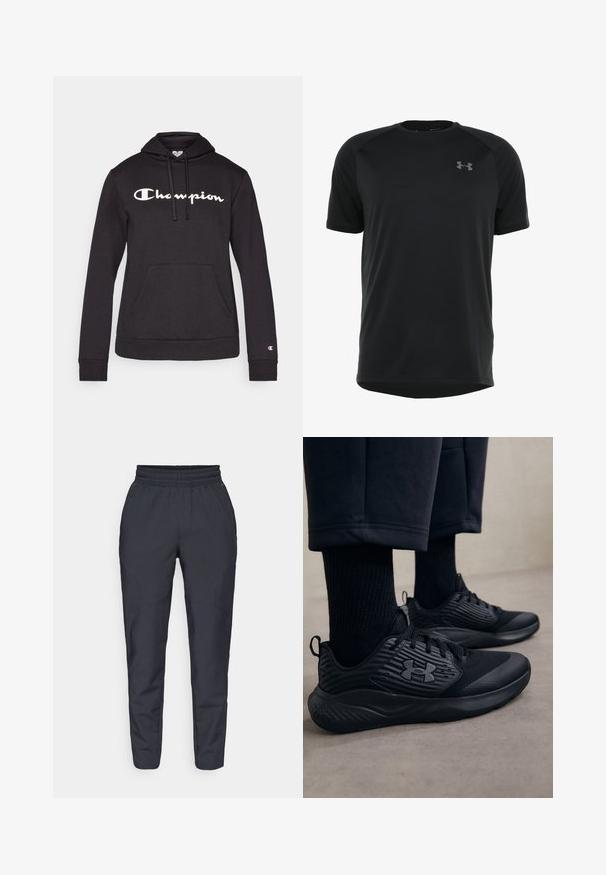 Černá mikina s kapucí vyrobená z měkké tkaniny, s velkým bílým logem "Champion" na přední straně, klokankovou kapsou a žebrovanými manžetami.; Černé krátké sportovní tričko vyrobené z hladkého, lehkého materiálu. Má kulatý výstřih a diskétní logo na hrudi.; Námořnické zúžené kalhoty vyrobené z měkké tkaniny, s elastickým pasem, bočními kapsami a hladkou texturou s jemnými švy.; Osoba v černých sportovních teniskách s texturovanými stranami a logem, v kombinaci s černými ponožkami a zkrácenými kalhotami na světlé podlaze.