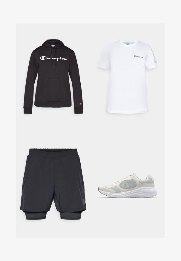 Fekete kapucnis pulóver puha anyagból, elöl nagy fehér "Champion" logóval, kenguruzsebbel és bordás mandzsettákkal.; Fehér pamut póló kerek nyakkivágással, rövid ujjakkal, és fekete hímzett "Champion" logóval a mellkason és az ujjon.; Fekete sportnadrág elasztikus derékkal, réteges kialakítással és illeszkedő bélésrésszel. A alsó oldalon diszkrét logó található.; Fehér sportcipő világosszürke részletekkel, hálós és velúrból készült anyagokkal, kerek orral, texturált talppal és látható márkalogóval az oldalon.