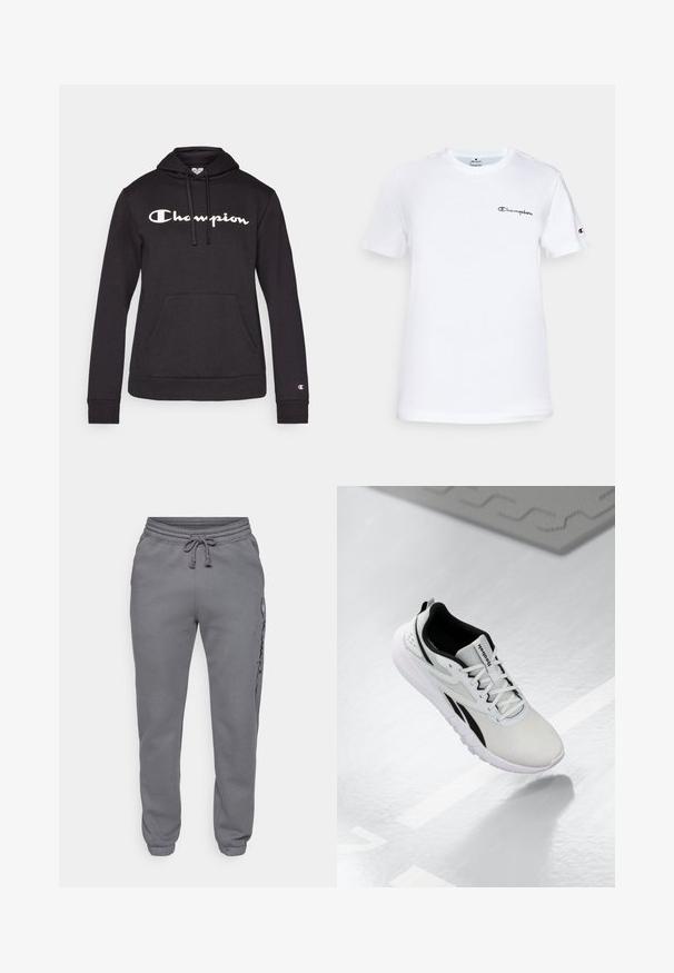 Hanorac negru dintr-un material moale, cu un mare logo alb "Champion" pe față, buzunar tip kangaroo și manșete ribbate.; Tricou alb din bumbac cu guler rotund, mâneci scurte și un logo "Champion" brodat în negru pe piept și pe accentul de pe mânecă.; Champion ICONS ELASTIC-CUFF SLIM FIT - Pantaloni de trening - foggy; Pantof cu design sportiv de culoare gri deschis, cu accente negre, superior din plasă texturată, talpă cu amortizare și sistem de închidere cu șireturi. Dispune de un tab de prindere pe călcâi.