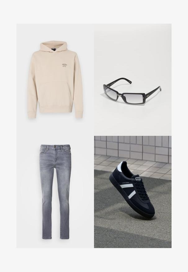 Beżowa bluza z kapturem wykonana z miękkiego materiału, z przednią kieszenią, sznurkiem do ściągania kaptura oraz niewielkim logo graficznym na lewej części klatki piersiowej.; Jasnoszare dżinsy o prostym kroju, z pięcioma kieszeniami, z mosiężnym zapięciem i delikatnym wyblaknięciem na nogawkach.; Czarne skórzane sneakersy z białymi paskami, teksturowana gumowa podeszwa i sznurowane z przodu. Posiadają metkę marki na języku.; Czarne prostokątne okulary przeciwsłoneczne z gradientowym szkłem, z grubą oprawką i metalowymi detalami na zausznikach. Gładka tekstura na całej powierzchni.