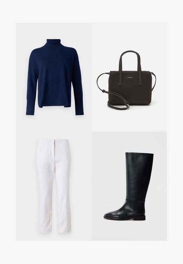 pure cashmere TURTLENECK LOOSE FIT TUNIC - Strickpullover - navy; Weiße Baumwollhose mit geradem Bein, mittelhoher Taille und ohne sichtbare Beschläge oder Muster. Glatte Textur auf der gesamten Fläche.; Schwarze Lederstiefel bis zum Knie mit runder Zehenform, glatter Textur, minimalistischem Design und flacher Sohle. Einfache Nahtdetails am Schaft.; Schwarze Handtasche mit zwei kurzen, doppelt geflochtenen Griffen und einem abnehmbaren Schulterriemen. Glattes, lederähnliches Material mit einem Reißverschluss und Logodetail.