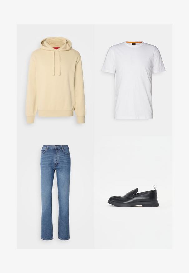Krémová mikina s kapucňou na šnúrku, jemná textúra, rebrované manžety a lem. Na prednej strane má jemné logo "HUGO".; Biely bavlnený tričko s okrúhlym výstrihom, krátkymi rukávmi a jemne embosovaným logom na hrudi. Vnútorná etiketa má oranžový akcent.; Modré denimové džínsy s vysokým pásom, rovnými nohavicami a jemným vyblednutím. Majú klasický strih s piatimi vreckami a zapínanie na zips.; Čierne kožené mokasíny s okrúhlou špičkou, predným pásikom a nízkou gumovou podrážkou. Obsahujú jemné švy a zadný poutko.