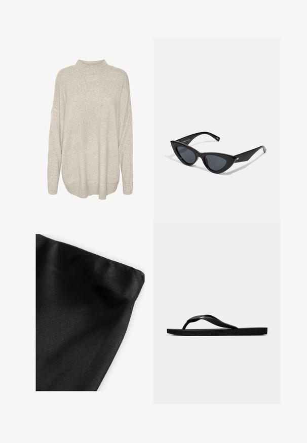 Svetrov s svetlo sivo barvo, grobim pletenjem, visokim ovratnikom, spuštenimi rameni in rebrastim robom. Struktura tkanine se zdi mehka in topla.; Črn material z gladko teksturo, ki ima zložen rob. Material se rahlo sveti in ima enotno površino brez vzorcev ali dodatkov.; Črne gumijaste japonke s teksturirano thong naramnico in preprostim ravnim podplatom, prikazane s strani na enobarvni svetli podlagi.; Sončna očala v obliki mačjih očes z sijajnim črnim plastičnim okvirjem, temnimi lečami in zlatimi detajli na templjih. Angularen dizajn s prefinjenimi linijami.; Even&Odd Torba za nakupovanje - black