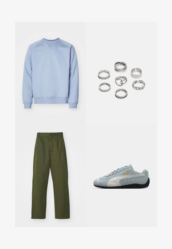 Sweatshirt azul claro feito de uma mistura de algodão. Apresenta uma gola redonda, punhos e bainha canelados, com um detalhe de costura triangular na gola.; Calças verde oliva de cintura alta com um design de perna reta. Feitas de um tecido leve, com pregas frontais e fecho de botão.; Tênis de camurça azul claro com detalhes brancos, design texturizado na lateral, sola de borracha preta e logotipo dourado. Projetado para uso casual.; Conjunto de sete anéis de prata com vários designs, incluindo padrões torcidos, entrelaçados e gravados. Diferentes formas e larguras.