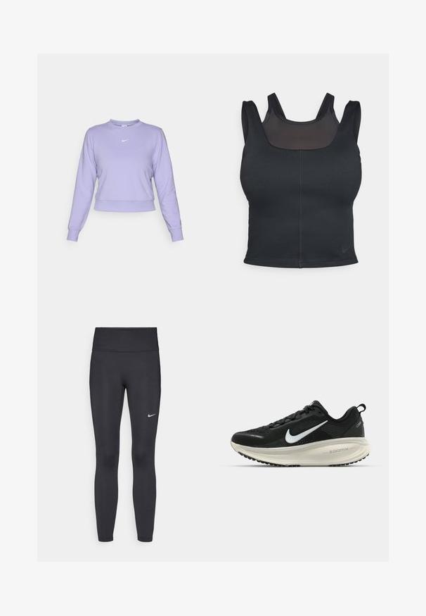 Sudadera corta morada de tela suave con cuello redondo, puños acanalados y un pequeño logo blanco de Nike en el pecho.; Sostenedor deportivo negro con un diseño ajustado, tirantes anchos y una capa de malla en la parte delantera. Textura suave y costuras mínimas. Logo de Nike en el dobladillo.; Leggings negras de tela elástica, con una cintura alta y un logo blanco de Nike en el muslo izquierdo. Textura suave, diseño ajustado.; Zapatilla de running Nike negra con parte superior de malla transpirable, logo Swoosh blanco, detalles texturizados y una entresuela ZoomX de color crema.