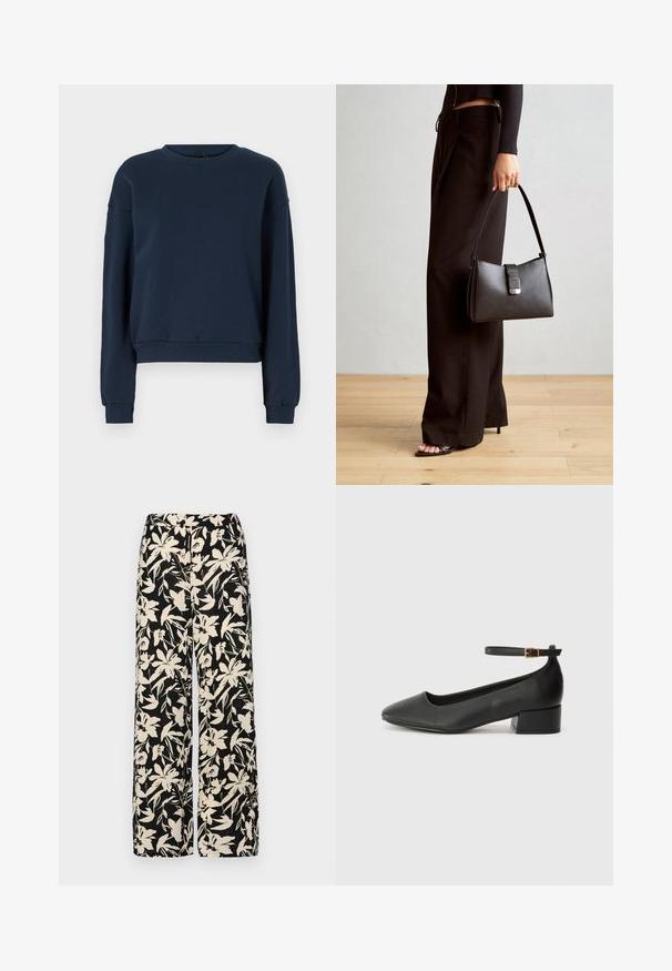 Sweatshirt azul-marinho feito de tecido macio, com decote redondo, mangas longas e punhos e bainha canelados. Design simples sem adornos.; Top preto de mangas curtas, feito de material suave, com design peplum e uma cintura cinto com dois botões redondos em tom prateado.; Calças largas pretas com um padrão floral creme. Feitas de um tecido leve, apresentando uma textura suave e uma cintura alta.; Sandal de pele preta com bico pontiagudo e um salto bloco baixo. Apresenta uma tira no tornozelo com uma fivela em tom dourado. Textura suave.; Bolsa preta com forma estruturada, textura suave e um fecho metálico. Combinada com calças largas pretas e sandálias de salto aberto sobre um chão de madeira.