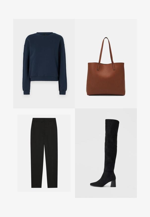Námornícky modrý sveter vyrobený z mäkkej látky, s okrúhlym výstrihom, dlhými rukávmi a rebrovanými manžetami a spodným okrajom. Jednoduchý dizajn bez ozdôb.; Čierne nohavice s prispôsobeným dizajnom, so bočnými vreckami a rovnou nohavicou. Vyrobené z hladkej, ľahkej tkaniny s elegantným vzhľadom.; Čierna semišová kozačka po kolená s blokovým podpätkom, špicatou špičkou a hladkým, bezšvovým dizajnom na jednoduchom svetlom pozadí.; Hnedá kožená taška na rameno s hladkou textúrou, otvoreným vrchom a dvoma ramenými popruhmi. Má minimálne šitia a žiadne viditeľné kovania.