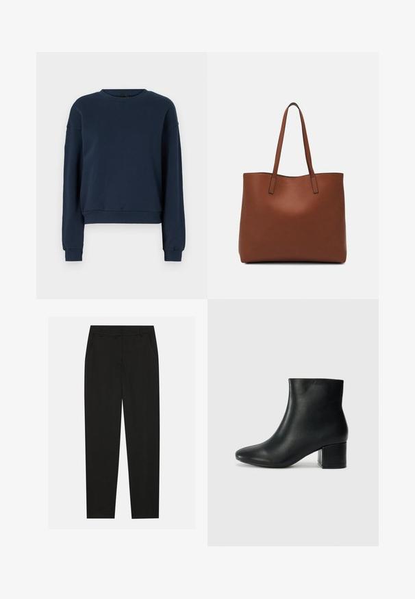 Sötétkék pulóver puha anyagból, kereknyakú kivitelben, hosszú ujjal, bordázott mandzsettával és aljjal. Egyszerű, díszítések nélküli dizájn.; Fekete nadrág testreszabott kialakítással, oldalsó zsebekkel és egyenes lábbal. Simább, könnyű szövetből készült, elegáns felülettel.; Fekete bőr bokacsizma hegyes orral és vastag sarokkal. Sima felület minimális díszítéssel és karcsú, passzos kialakítással.; Barna bőr vászontáska sima textúrával, nyitott tetejű dizájnnal és két vállpánttal. Minimális varrással és látható hardver nélkül készült.