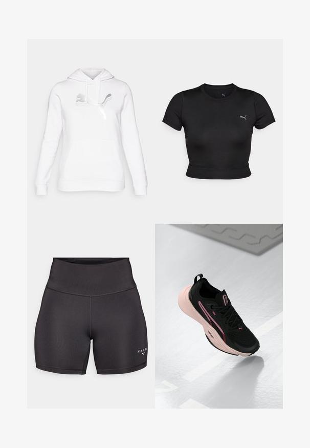 Balts džemperis ar kabatu, ribotām aprocēm un lielu sudraba Puma logo uz krūšu zonas. Mīksta, strukturēta auduma.; Melna īsām piedurknēm crop tops, izgatavots no gludas, elastīgas auduma, ar diskrētu logo uz krūtīm un pieguļošu dizainu.; Melni sporta šorti ar augstu jostu, izgatavoti no gludas, elastīgas auduma. Iezīmē plakanas šuves un baltu logotipa tekstu apakšējā labajā stūrī.; Melnas sporta kurpes ar rozā akcentiem un teksturētu virsu. Aprīkotas ar iešūtu rozā zoli un melnām šņorēm. Viegls dizains veiktspējai.