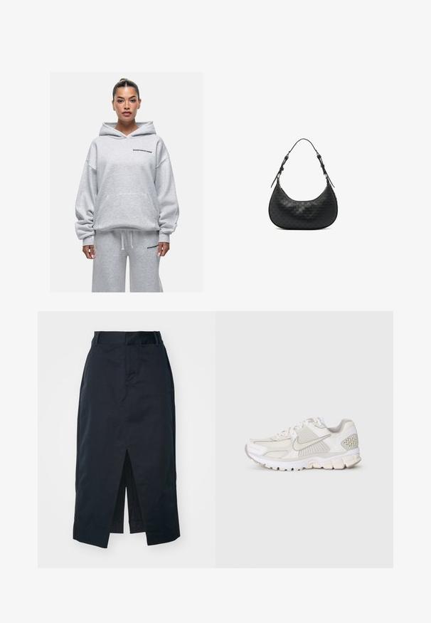 Good For Nothing Felpa con cappuccio - grey; Gonna midi blu navy in tessuto misto cotone, con spacco anteriore, zip nascosta e tasche laterali per funzionalità.; Scarpa atletica bianca realizzata in materiali in rete e sintetici. Presenta un design testurizzato, colletto imbottito e accenti geometrici sul tallone.; Borsa a spalla in pelle nera con forma curvata, motivo impresso e tracolla regolabile. Superfici lisce e texturizzate con dettagli in metallo argentato.