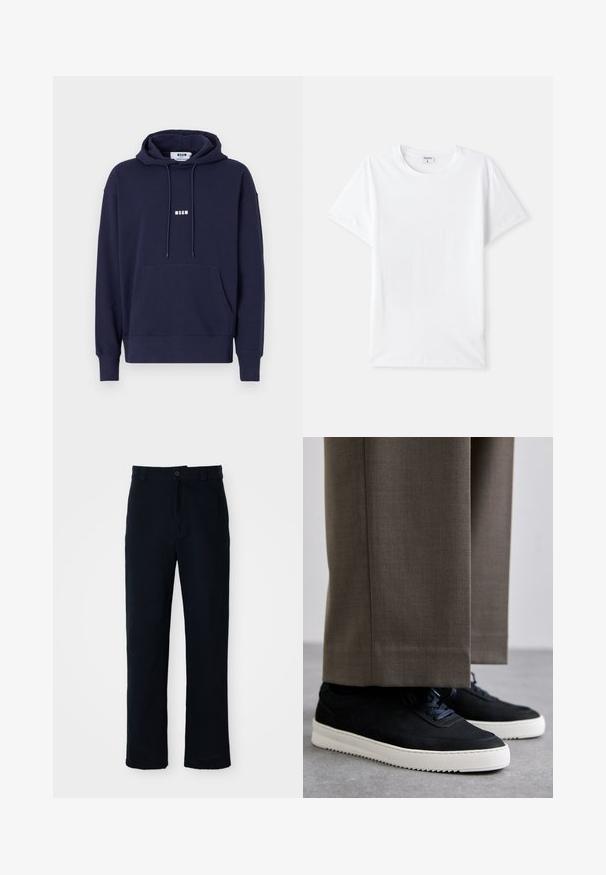 Tummansinihmän värinen huppari, jossa on etutasku, nyörikiinnityksellä varustettu huppu ja valkoinen "MSGM" -logo rinnassa. Pehmeä materiaali, jossa on joustavat hihansuut ja helma.; Valkoinen puuvillainen t-paita, pyöreä kaula-aukko, lyhyet hihat, sileä pinta, ei kuvioita tai yksityiskohtia, yksinkertainen muotoilu, normaali istuvuus.; Tummansinisiä puuvillapantaloonia, joissa on suora lahjemuotoilu, etupainikekiinnitys ja klassinen vyötärö vyölenkeillä.; Mustat mokkakengät valkoisilla kumipohjilla, joissa on pyöreä kärki ja nauhat, käytetään harmaiden räätälöityjen housujen kanssa.