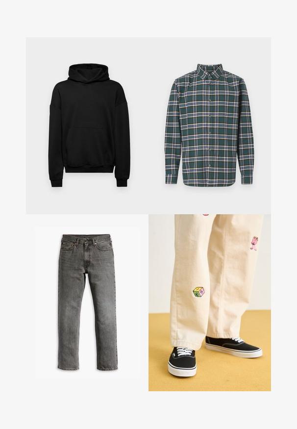 Melnā kapuce, izgatavota no kokvilnas maisījuma, ar lielu priekšējo kabatu, ribotiem piedurknēm un ar aukliņu regulējamu kapuci. Vienkāršs, neizpušķots dizains.; Zaļš flaneļa krekls ar ietērpu, kurā ir zila, balta un sinepju dzeltena krāsa. Ar pogām aizdaram un uzgaļotām apkaklēm. Garas piedurknes.; Pelēki džinsi ar taisnu kāju griezumu, piecu kabatu dizainu un misiņa aparatūru aizvēršanai un akcentiem. Redzama nolietota tekstūra.; Beige kokvilnas bikses ar rotaļīgiem izšūtiem dizainiem, tostarp rozā raksturs un krāsains bloks, saskaņotas ar melniem kurpēm ar auklām.