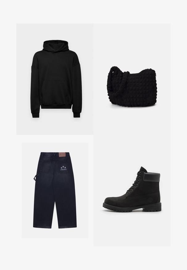 Felpa nera in cotone misto, con una grande tasca frontale, polsini a coste e cappuccio con lacci. Design semplice e senza fronzoli.; Pantaloni in denim scuro con vestibilità ampia. Presentano due tasche sul retro, un'etichetta in pelle con il logo e un design a cinque stelle su una tasca.; Stivale alla caviglia nero con lacci, colletto imbottito e suola robusta, mostrato in profilo su uno sfondo bianco.; Borsa in tessuto nero con un motivo trapuntato e texture. Forma arrotondata, manici corti e spessi, e una struttura morbida e flessibile.
