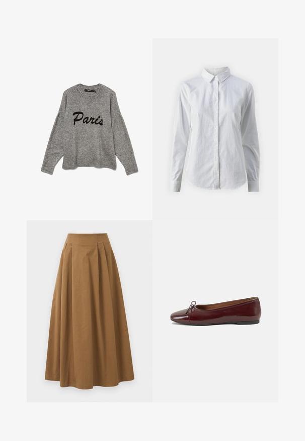 Grå strikkegenser med rund hals og ribbestrikket kant, med "Paris" brodert i svart kursiv på fremsiden.; Hvit skjorte med knapper laget av glatt bomull, med klassisk krage, lange ermer og buet skjær. Knapper er små og hvite.; Brun bomull A-linje skjørt med høy midje, med folder foran og en jevn tekstur. Kantene er rene og enkle.; Burgunderrød lakk lær ballettleilighet med rund tå, liten sløyfe foran og en lav, svart gummisåle. Glatt tekstur.