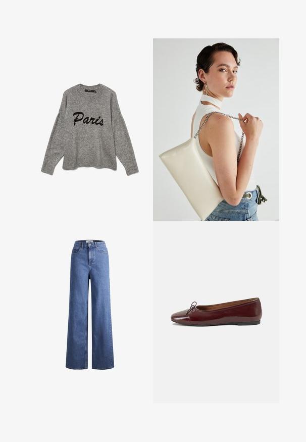 Grå strikkegenser med rund hals og ribbestrikket kant, med "Paris" brodert i svart kursiv på fremsiden.; Lyseblå denim vide benbukser med høy midje, to frontlommer og synlig søm. Har knapp- og glidelås-lukking.; Burgunderrød lakk lær ballettleilighet med rund tå, liten sløyfe foran og en lav, svart gummisåle. Glatt tekstur.; Hvit rektangulær clutch-veske laget av blankt materiale, med en sølvkjede-stropp. Modellen poserer og viser vesken mot en ensfarget bakgrunn.