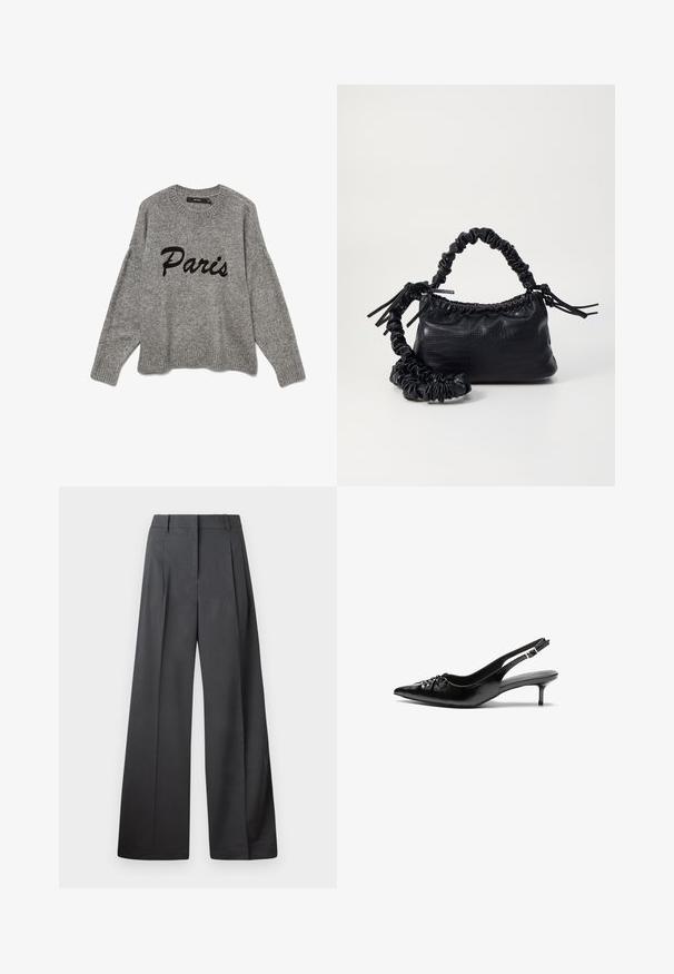 Grå stickad tröja med rund halsringning och ribbad fåll, med "Paris" broderat i svart kursiv stil över framsidan.; Vida byxor i mörkgrått tyg, med hög midja, enkla veck och en mjuk yta med en ren finish vid fållen.; Svart läderslingback med spetsig tå, låg klack i kattunge-stil och veckdetalj på framdelen. Slät textur och minimalistisk design.; Svart faux läderhandväska med krokodiltextur, snodd topp och en skrämd rem. Ser mjuk och kompakt ut i designen.