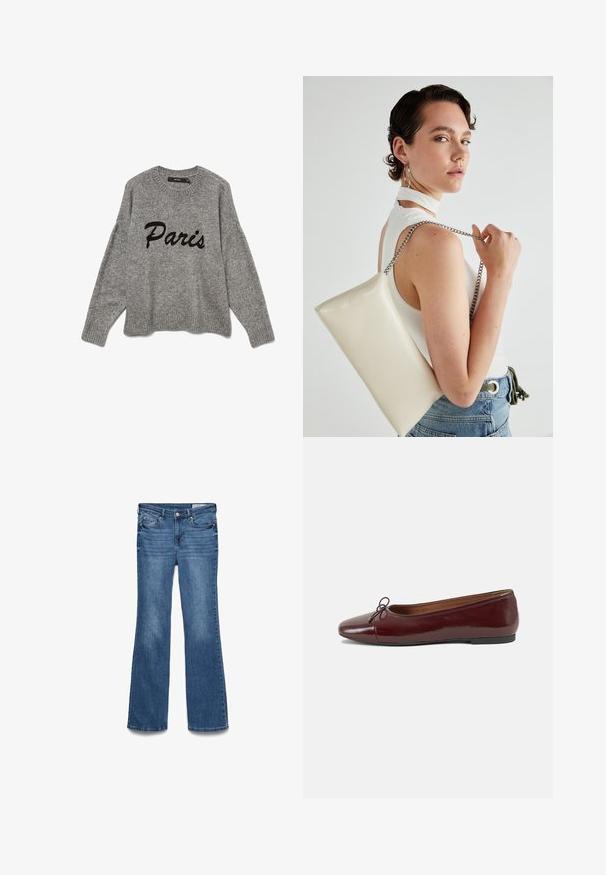 Harmaa neulepaita, jossa pyöreä pääntie ja resorireunus, etupuolella mustalla kursiivilla kirjailtu "Paris".; Siniset farkkuhousut, joissa on levenevät lahkeet ja keskimatala vyötärö. Kahdet etutaskut ja ommeltu vyötärönauha. Pehmeä kangas ja perinteinen viiden taskun muotoilu.; Burgundin värinen lakattu nahkainen ballerinatossu pyöreällä varvaskärjellä, pienen nauhan yksityiskohdalla edessä ja matalalla mustalla kumipohjalla. Sujuva pinta.; Valkoinen suorakulmainen clutch-laukku, joka on valmistettu kiiltävästä materiaalista ja jossa on hopeinen ketjuolkahihna. Malli poseeraa laukku käsivarsillaan yksinkertaista taustaa vasten.