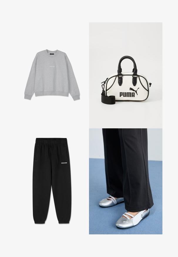 Sudadera gris claro de mezcla de algodón. Presenta un cuello redondo y hombros caídos. En la parte frontal tiene un pequeño detalle de texto en blanco "PEGA.DOR".; Camiseta de algodón gris con mangas cortas, que presenta un cuello redondo y un pequeño logo blanco "PEGADOR" en el frente. Textura suave, ajuste relajado.; Pantalones de chándal negros hechos de un tejido suave, con una cintura ajustable con cordón, piernas estrechas y bolsillos laterales. Logo "PEGADOR" en blanco en la parte frontal.; Zapatos planos plateados y blancos con cintas cruzadas y detalles texturizados, complementados con pantalones negros holgados. Colocados sobre un suelo azul.; Bolso blanco con detalles en negro, con logo de Puma. Asa corta y redondeada y una correa desmontable, fabricado en material sintético texturizado.