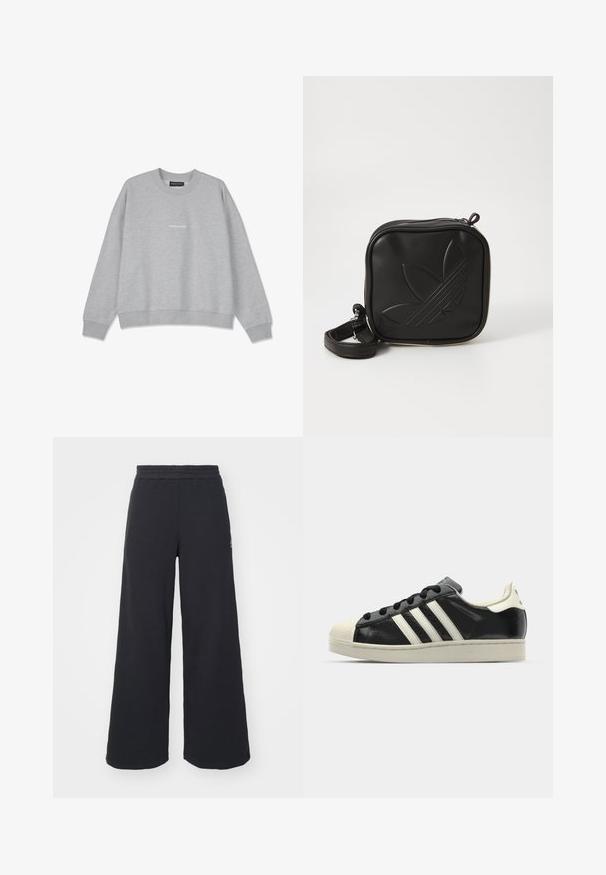 Felpa grigia chiara realizzata in misto cotone. Dotata di scollatura rotonda e spalle scese. Sul fronte presenta un piccolo dettaglio testuale bianco "PEGA.DOR".; Pantaloni felpati neri a gamba larga realizzati in tessuto morbido, con un elastico in vita e un piccolo logo sul lato sinistro.; Sneaker in pelle nera con strisce bianche, punta in gomma, lacci neri e suola di colore crema. Texture liscia con finitura brillante.; Borsa a tracolla nera realizzata in materiale sintetico testurizzato. Presenta un design con logo inciso e una tracolla regolabile. Chiusura con zip.