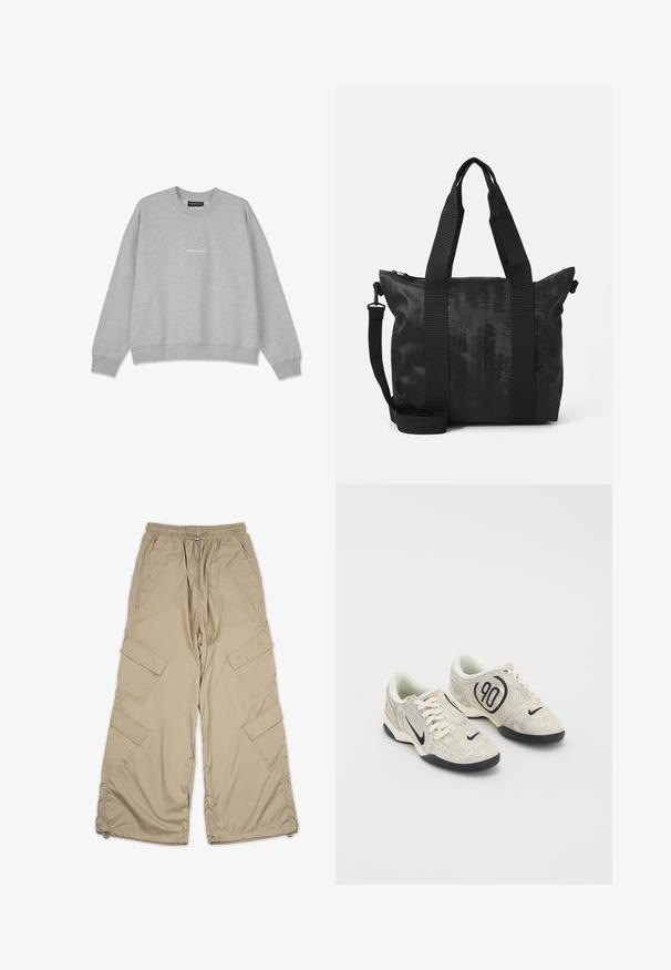 Sweatshirt cinza claro feito de uma mistura de algodão. Apresenta um decote redondo e ombros caídos. A parte da frente tem um pequeno detalhe em texto branco "PEGA.DOR".; Calças cargo bege com cintura ajustável, múltiplos bolsos laterais e um corte descontraído. Feitas de um tecido leve e suave com detalhes de costura.; Tênis Nike com um upper texturizado em bege e cinza, detalhes em preto, um grande logótipo "90" e um fecho de atacadores branco. Sola preta.; Bolsa tote preta com tecido texturizado, alças duplas na parte superior e uma alça de ombro destacável. Possui fecho com zipper para armazenamento seguro.