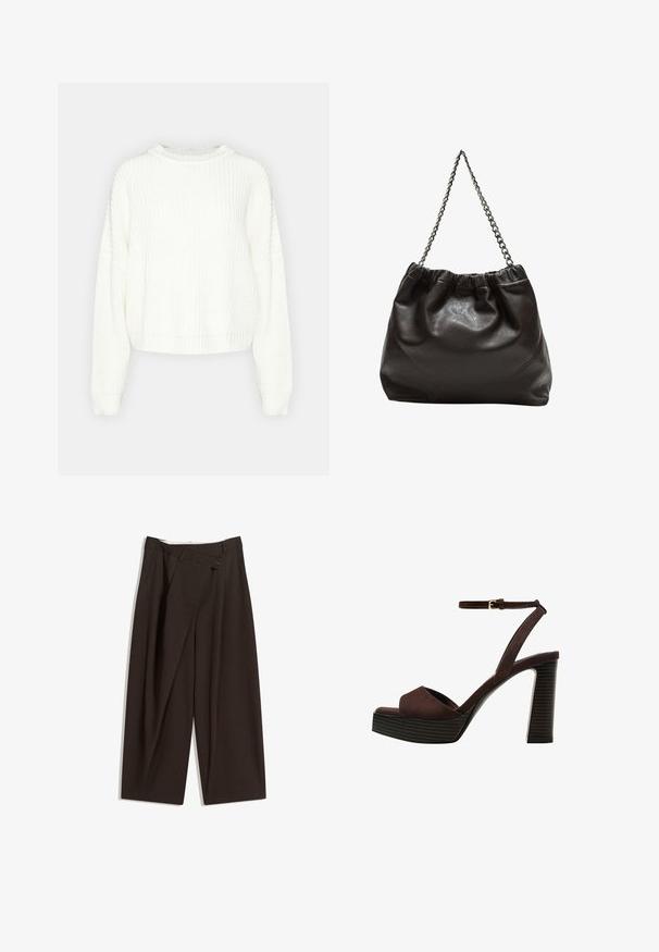 Biały sweter wełniany z okrągłym dekoltem, długimi rękawami i luźnym krojem. Posiada teksturowany wzór oraz ściągacze na dole i przy rękawach.; Ciemnobrązowe szerokie spodnie o wysokim stanie, z pojedynczym zapięciem na guzik i plisowanym przodem. Wykonane z lekkiego materiału.; Brązowe zamszowe sandały na wysokim obcasie z odkrytymi palcami, regulowanym paskiem na kostce i paskowatą podeszwą.; Brązowa skórzana torba z marszczonym szczytem i łańcuszkowym paskiem. Gładka tekstura z błyszczącym wykończeniem i subtelnymi detalami szwów po bokach.