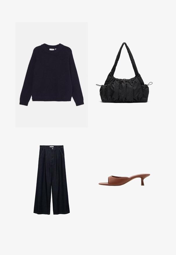 Tiger of Sweden GWYNN - Pullover - deep well; Pantalons larges en denim foncé avec taille haute, présentant une fermeture à bouton à l'avant, deux poches latérales et des détails de couture.; Mules à talons ouverts marron avec une finition lisse et mate, présentant un design incurvé et un talon transparent et effilé.; Sac à main en tissu noir avec texture froncée, deux poignées pour l'épaule et fermeture à cordon sur les côtés. Matériau lisse et léger.