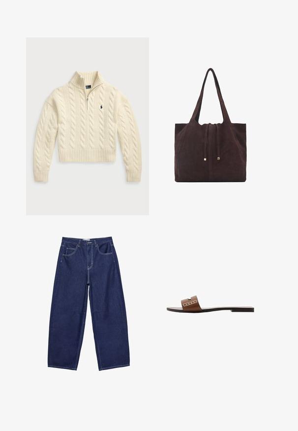 Polo Ralph Lauren CABLE WOOL CASHMERE HALF ZIP SWEATER - Neule - authentic cream; Tummansiniset farkkuisot, joissa on leveät lahkeet ja korkea vyötärö, viisi taskua sekä kontrastivalkoinen ompelu. Suora pinta, klassinen muotoilu.; Ruskea nahkainen liukusandaali, jossa on litteä pohja ja leveä hihna, sekä valkoisia geometrisia yksityiskohtia minimalistista muotoilua varten.; Mango Shopping bag - dark brown