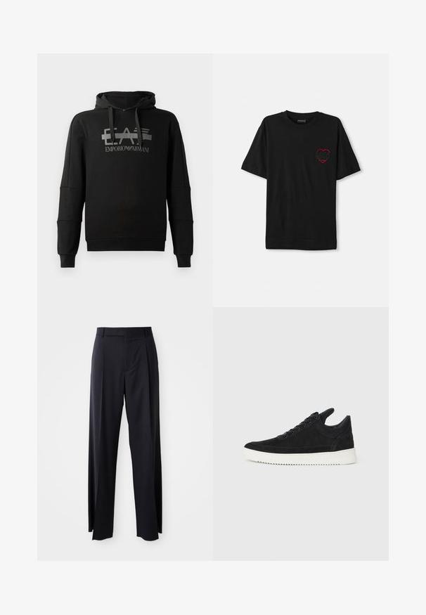 Juodas gobtuvinė džemperis su ryškiu pilku logo „EA7 Emporio Armani“. Pagamintas iš minkštos medžiagos, su ilgomis rankovėmis ir laisvu siluetu.; Juoda medvilnės marškinėliai trumpomis rankovėmis, su raudonu siuvinėjimu širdelės formos kairėje krūtinės pusėje. Klasikinis apvalus iškirpimas, laisvas modelis.; Juodi, aukštai užtraukiami kelnių modeliai su plačiomis kojomis, pagaminti iš lygaus audinio. Yra priekiniai raukšlės ir diržo kilpos. Minimalistinio dizaino, be matomų detalių.; Juodų suede sportbačių su balta gumine padu, su toniniais siuvinėjimais ir raištelių užsegimu. Sklandus paviršius su šiuolaikine, laiko forma.