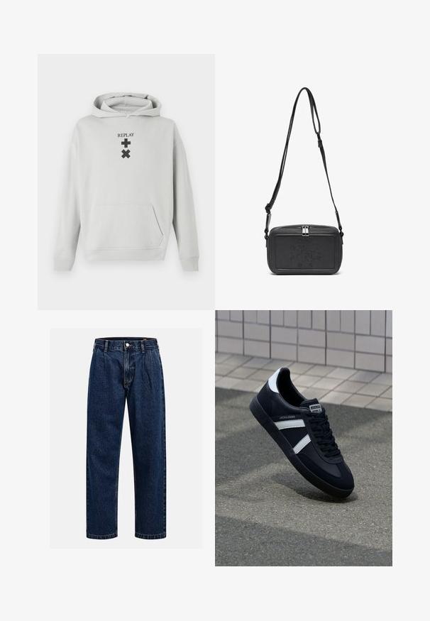 Világosszürke kapucnis pulóver elülső zsebbel, fekete "REPLAY" felirattal és grafikai szimbólumokkal. Puha anyag, laza fazon, bordázott mandzsetták.; Sötétkék farmernadrág egyenes szabással. Jellemzői a látható varrás, gombos záródás és elülső redők a további részletekért.; Fekete bőr sportcipő fehér csíkokkal, textúrált gumitalppal és fűzős elejével. A nyelvén márkás címke található.; Fekete bőrből készült keresztbe hordható táska cipzáras záródással, dombornyomott logóval az elején és állítható pánttal. Simább textúrájú, téglalap alakú.