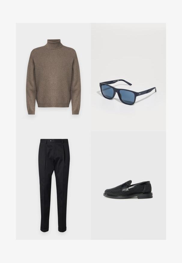 Barna garbó pulóver puha kötött anyagból. Bordás mandzsettákkal és szegéllyel rendelkezik, valamint laza szabású és varrat nélküli dizájn jellemzi.; Fekete nadrág sima anyagból, elöl hajtással, gombos záródással és felgöngyölt szárakkal a bokánál.; Fekete szőtt slip-on cipő sima bőr díszítéssel a felsőrészen, kerek orral és alacsony profilos gumitalppal.; Kék téglalap alakú napszemüveg sötét lencsékkel, matt sötétkék kerettel, logóval a szárán, egyenes karokkal és sima, egységes textúrával.