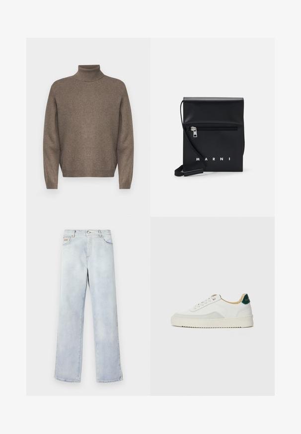 Chandail col roulé marron en matière tricot doux. Présente des poignets et un ourlet côtelés, avec une coupe décontractée et un design sans coutures.; Jean en denim bleu clair avec une coupe droite, comprenant une fermeture à bouton, cinq poches et des coutures contrastantes.; Baskets blanches avec des accents en daim, bout arrondi, lacets plats et semelle en caoutchouc crème. Présente une marque verte sur le talon.; Sac à bandoulière en cuir noir avec une poche avant zippée, logo embossé et une bandoulière ajustable. Texture lisse avec une forme structurée.