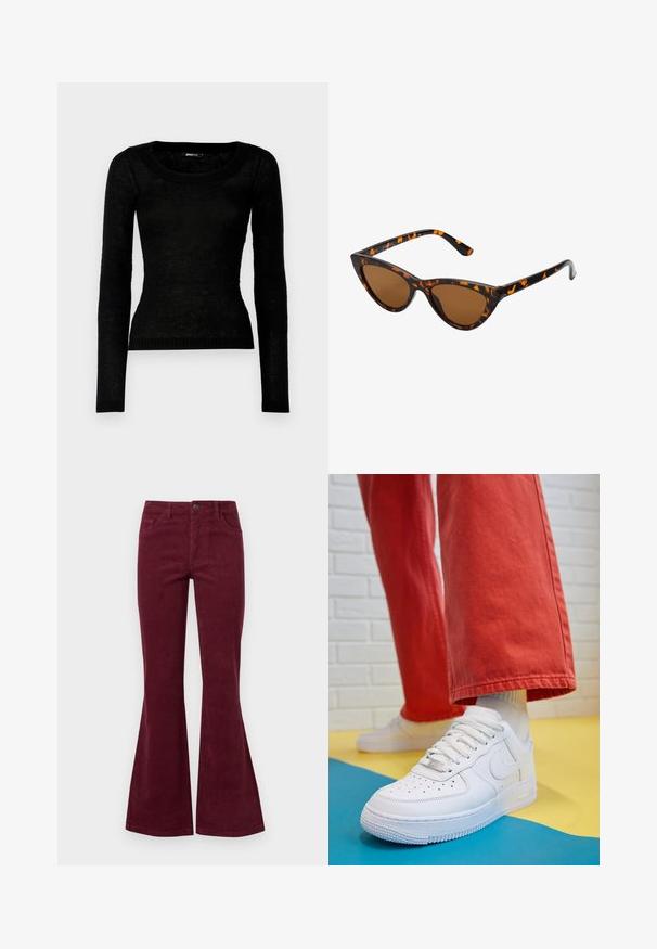 Sweater preto de manga longa com decote redondo. Feito de um tecido de malha fina e texturizada. Apresenta punhos e barra canelados.; Calças de veludo cotelê em bordeaux, com flare, cinco bolsos, fecho frontal por botão e tecido texturizado. O flare estende-se do joelho até a bainha.; Sapatilha de couro branca com biqueira perfurada, sola texturizada e atacadores brancos, combinada com calças largas vermelhas e um fundo azul e amarelo.; Óculos de sol estilo gato com uma armação em tartaruga preta e laranja, lentes castanhas e pontas elegantes e pontiagudas. Apresenta um logo minimalista na haste.