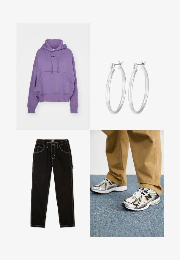 Nike Sportswear HOODIE - Jersey con capucha - daybreak/black; Pantalones de mezclilla negros con costuras blancas en contraste, cinco bolsillos y una etiqueta en el lateral. Ajuste estándar, diseño de pierna recta.; Zapatillas New Balance en blanco y plata con detalles y cordones en negro, que presentan una parte superior de malla, suela acolchada y un diseño dinámico.; Pendientes de aro de plata con un acabado liso y pulido. Forma redonda y cierre de click seguro. Diseño ligero adecuado para el uso diario.