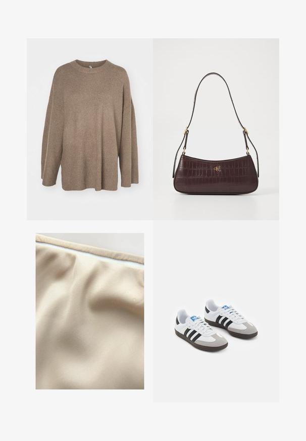 Brauner übergroßer Pullover mit geripptem Saum, weiten Ärmeln und Rundhalsausschnitt. Weiche Textur, minimalistisches Design ohne Muster.; Beige Stoff mit einer glatten Textur, der subtile Falten und einen kontrastierenden weißen Reißverschluss entlang der oberen Kante aufweist.; Sportschuhe mit einem Obermaterial aus weißem Leder, grauer Wildleder-Zehenkappe und drei schwarzen Streifen. Sie verfügen über ein blaues Logo auf der Zunge und eine strukturierte Gummisohle.; Burgunderfarbene Handtasche mit Krokodiltextur, kurvenförmigem Design und einem goldenen Logo-Akzent. Sie verfügt über einen einzelnen Tragegurt mit goldenen Beschlägen.