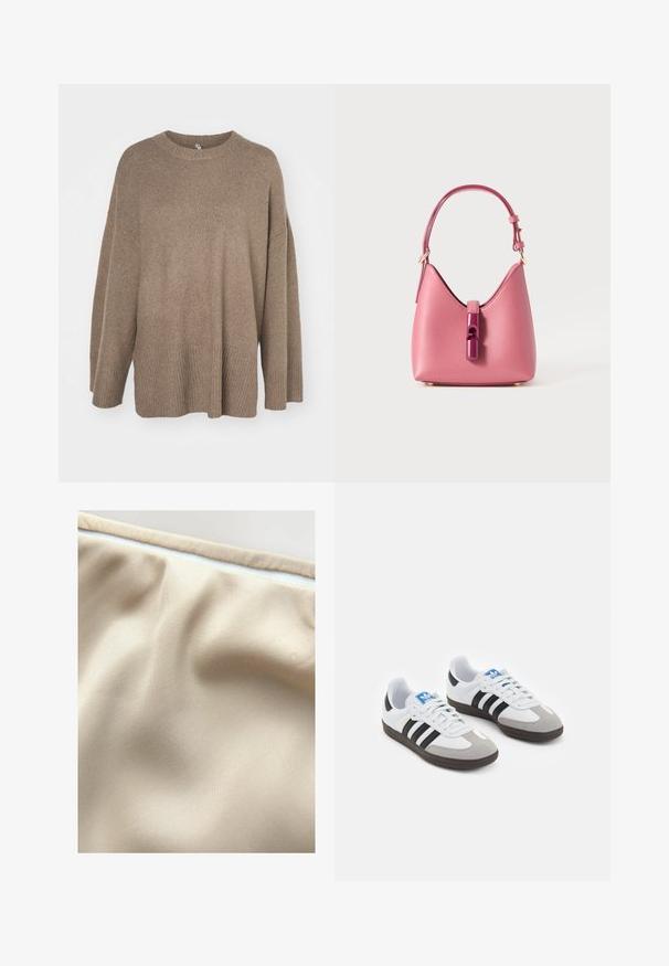 Hnědý nadměrný svetr s žebrovaným lemem, širokými rukávy a kulatým výstřihem. Měkká textura, minimalistický design bez vzorů.; Béžová látka s hladkou texturou, obsahující jemné záhyby a kontrastní bílý zip podél horního okraje.; Sportovní boty s bílým koženým svrškem, šedou semišovou špičkou a třemi černými pruhy. Obsahují modré logo na jazyku a texturovanou gumovou podrážku.; Růžová kožená kabelka se strukturovaným tvarem, zdobená lesklým uzávěrem a jedním nastavitelným popruhem. Texturovaný povrch s zlatými kovovými detaily.