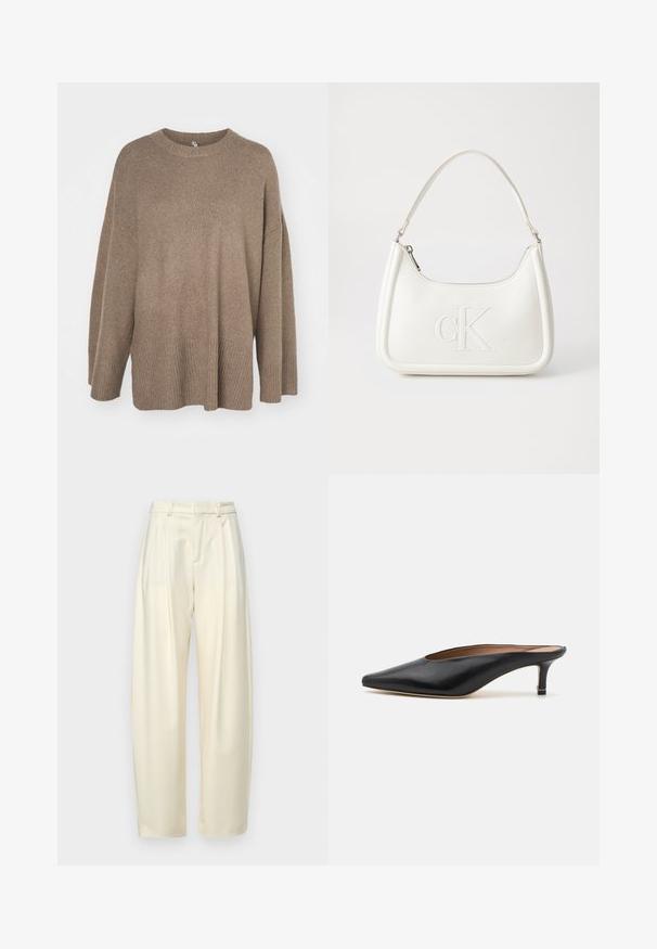 Pull marron oversized avec un ourlet côtelé, des manches larges et un col rond. Texture douce, design minimaliste sans motifs.; Pantalons plissés taille haute en tissu crème clair. Présente une coupe droite et une texture lisse. Sans poches ni matériel visible.; Mules en cuir noir avec un bout pointu et un petit talon carré. Texture lisse avec un design épuré. Dos ouvert avec un minimum de détails.; Sac à main en cuir blanc avec une forme courbée, arborant un logo "CK" embossé à l'avant et une seule bandoulière. Fermeture à glissière en haut.