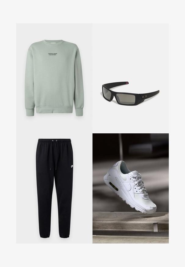 Ljus salviagrön crewneck sweatshirt med lång ärm och svart text "Crafted Goods - Pier One Denim" centrerad på bröstet.; Svarta sweatpants i mjukt tyg med elastisk midja och dragsko, avsmalnande ben och en liten vit logga på vänster sida.; Vita Nike Air Max 90 sneakers med en ovandel i mesh och läder, perforerad tåbox och en synlig luftenhet i hälen.; Svarta solglasögon med matt yta, rektangulära linser, lätt kurva vid skalmarna, diskret logotypdetalj och rökfärgade linser.